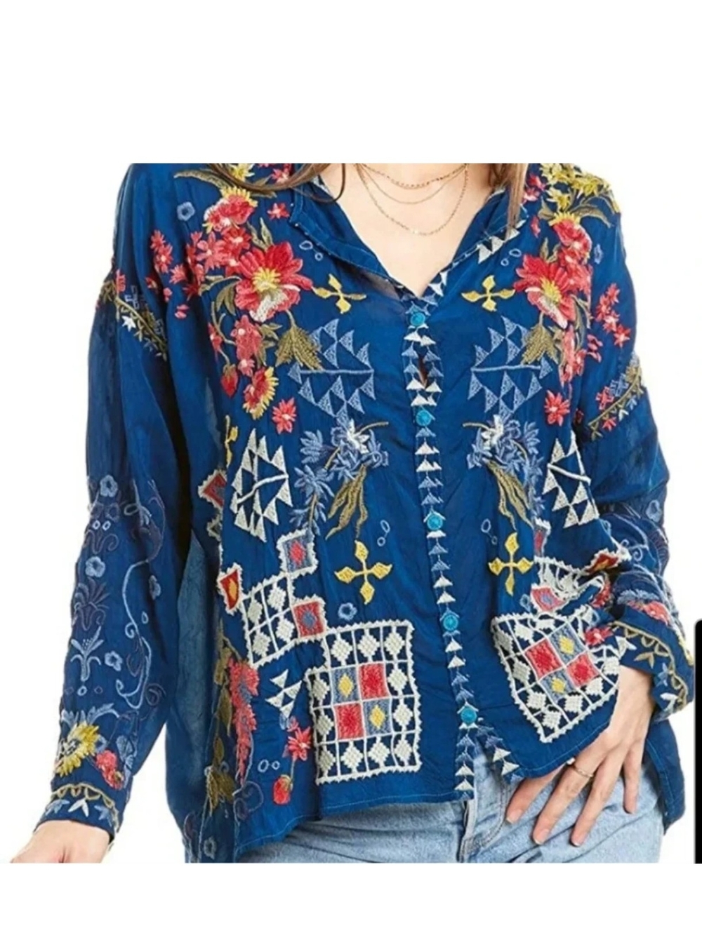 New M Johnny Was Sybil Blue Embroidered Button-Down Shirt